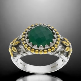 Green Agate Flower Motif 14K Gold over Sterling Silver Two Tone Ring - Size 7