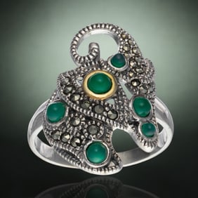 14K Gold & Sterling Silver Elephant Ring with Green Agate & Marcasite - Size 9