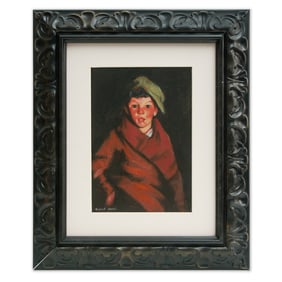 Robert Henri's Mixed Media Portrait of a Child in Red Coat and Green Hat 20.25" x 16.75"