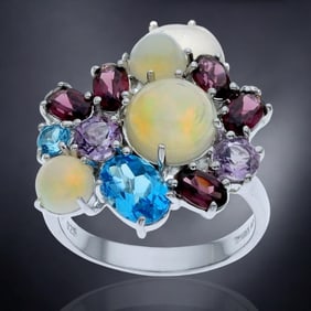 Opal, Amethyst, Swiss Blue Topaz, & Garnet Sterling Silver Ring - Size 9