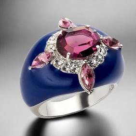Sterling Silver Enamel Dome with Swarovski elements Ring - Size 8