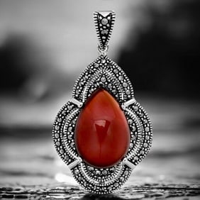 Deep Red Agate Pear Shaped Sterling Silver Pendant wtih dazzaling Marcasite accents
