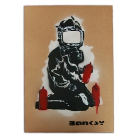 Banksy Cardboard Art: "Masked Artist with Spray Cans"