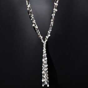 14K White Gold Multi Strand Corded Lariat Pearl Necklace
