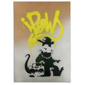 Banksy Cardboard Art: "Gansta Rat with NY Yankees Hat and Boombox"