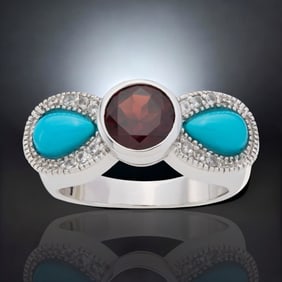Sleeping Beauty Turquoise & Garnet Bow Ring with White Topaz accents - Size 8