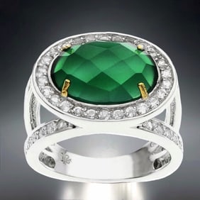 Deep Green Agate Ring wrapped in sparkling White Topaz with Golden accents - Size 6