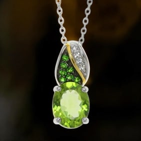 Elegant Oval Peridot with Chrome Diopside & White Topaz Sterling Silver Pendant