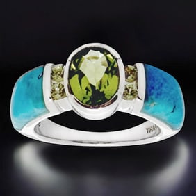 1.6 Ct Peridot & Inlay Turquoise Sterling Silver Ring - Size 6