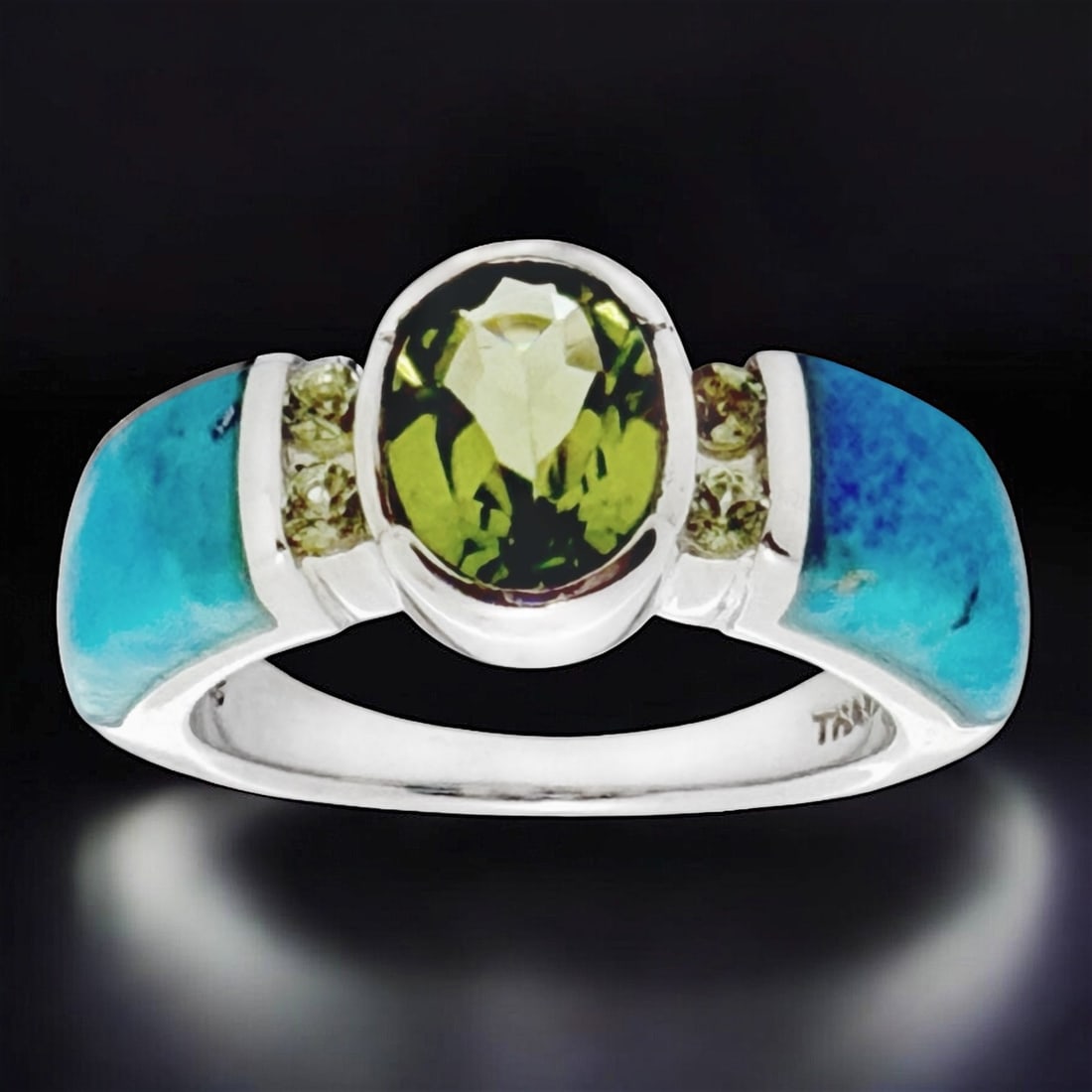 1.6 Ct Peridot & Inlay Turquoise Sterling Silver Ring - Size 6 (1 of 1)