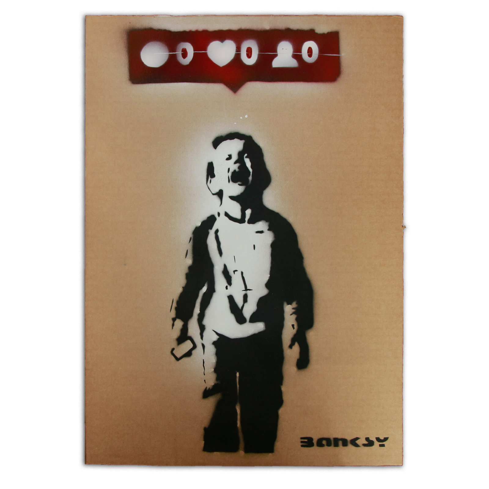 Banksy Cardboard Art - "Social Whine": Title: Banksy Cardboard Art - "Social Whine" Overview: We are pleased to present a captivating piece of contemporary art, attributed to the elusive and renowned street artist Banksy. This piece, title