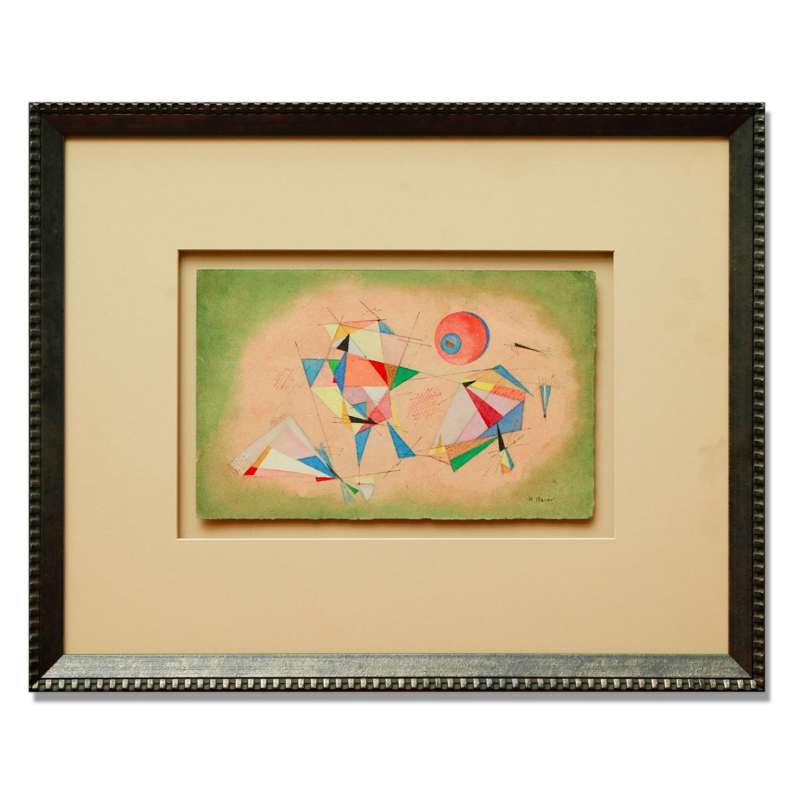 Rudolph Bauer's Geometric Abstraction: Title: A Celebration of Color and Form: Rudolph Bauer's Geometric Abstraction Description: We are pleased to present a vibrant work by the esteemed German painter Rudolf Bauer. This piece, an exceptio