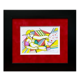 Romero Britto Mixed Media Drawing "Nude Lounging Woman"