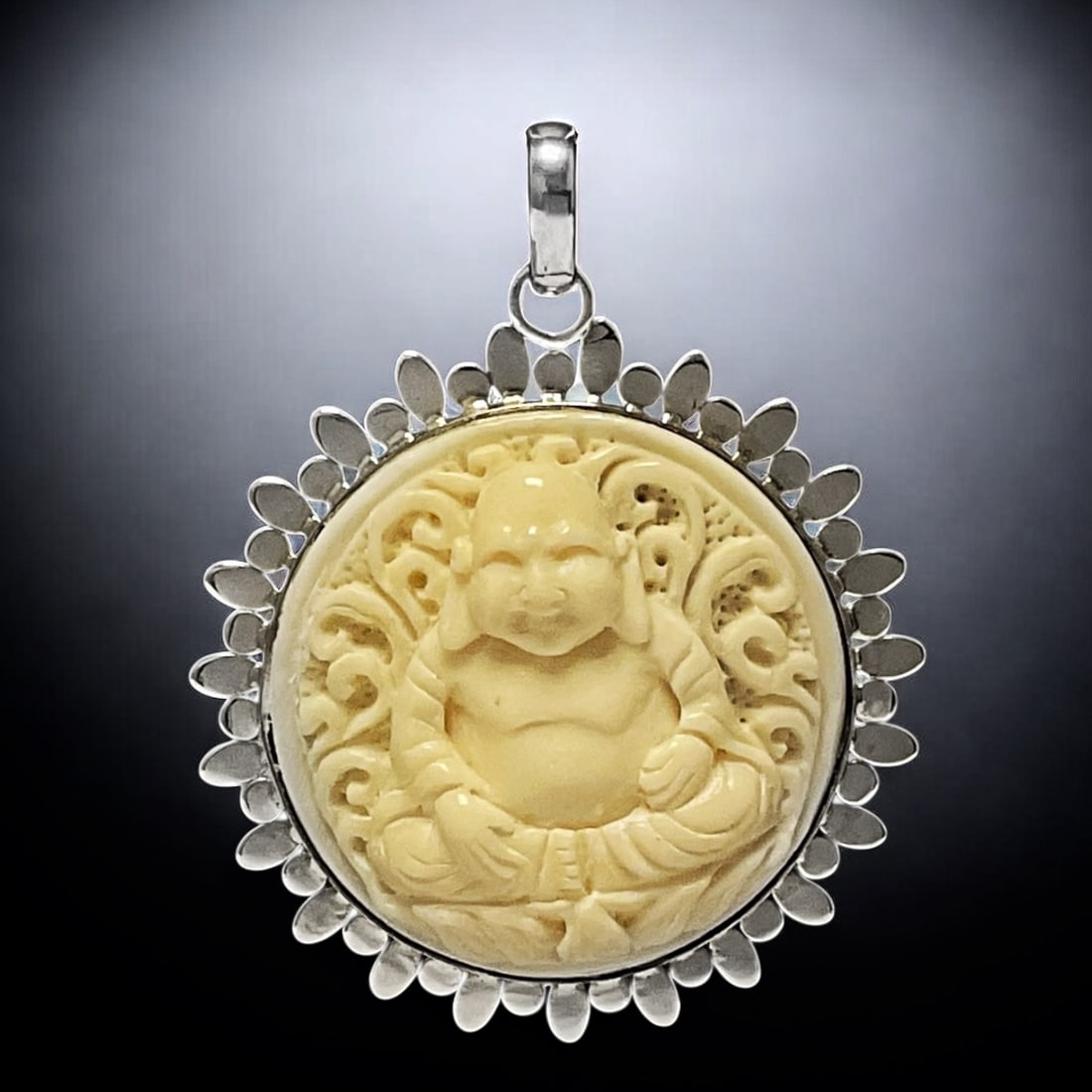 High Relief Carved Buddha Sterling Silver Pendant (1 of 2)