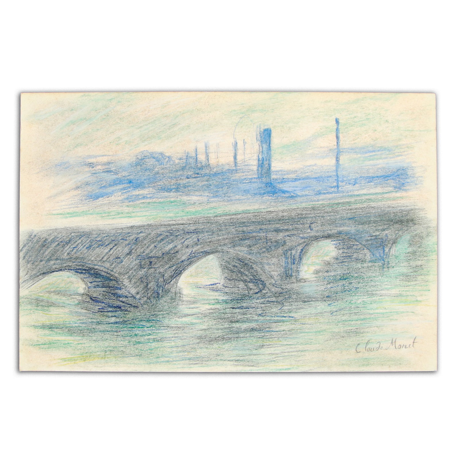 Monet: An Elegant Mixed Media Work Attributed to Claude Monet: Title: "Misty Bridge Scene" – An Elegant Mixed Media Work Attributed to Claude Monet Provenance: Consigned by a private party from South America - Reverse Side Stamps: - Galerie Anderson Mayer, Pari