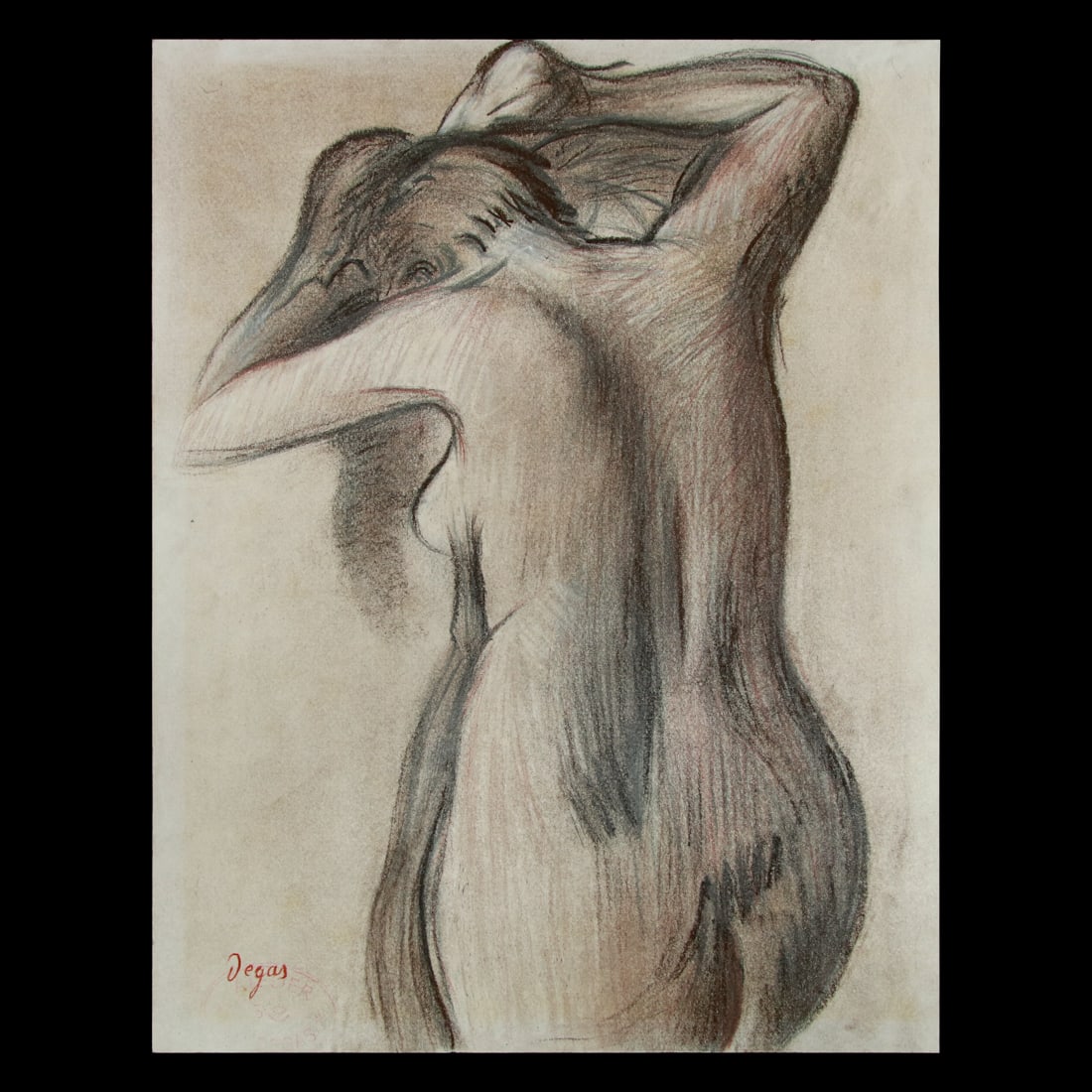Edgar Degas Mixed Media on Paper: Title: Edgar Degas Mixed Media on Paper Title: (Nude Woman Unraveling Hair) Provenance: Consigned by a private collector from South America Attribution: Offered as attributed to Edgar Degas Descriptio