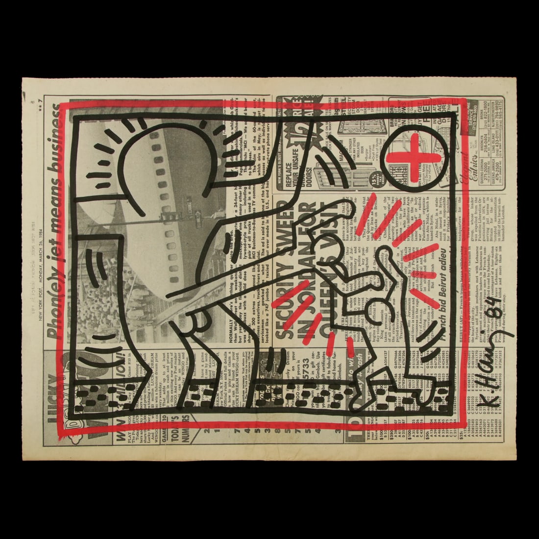 Keith Haring Newspaper Art: Title: Keith Haring Newspaper Art: An Unflinching Exploration of Power Dynamics Description: We are privileged to offer a significant piece of art attributed to the influential American artist Keith H