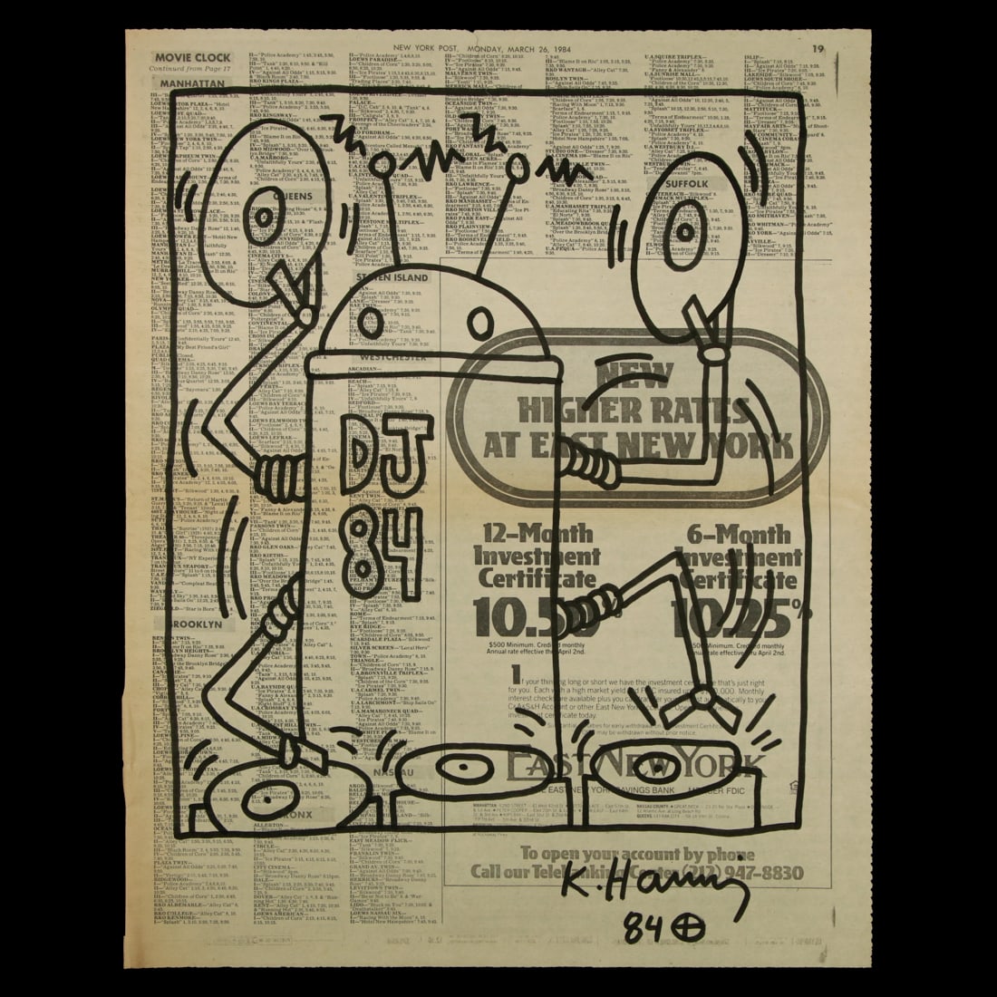 Keith Haring Newspaper Art: Title: Keith Haring Newspaper Art: A Vibrant Intersection of Pop Culture and Visual Art Description: We are honored to present a unique piece of art attributed to the iconic American artist Keith Hari