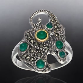 14K Gold & Sterling Silver Elephant Ring with Green Agate & Marcasite - Size 10