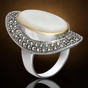 14K Gold & Sterling Silver Large Oval White Mother-of-Pearl Ring with an array of stunning Marcasite