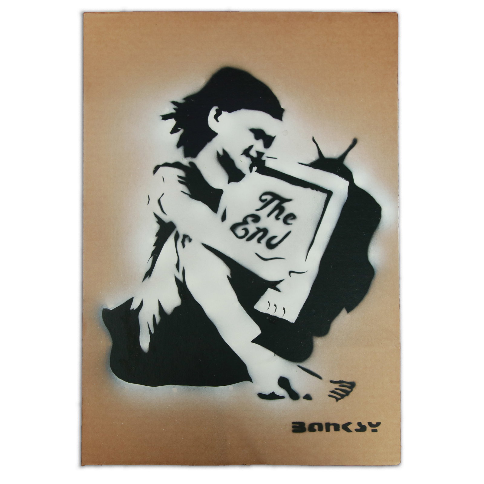 Banksy Cardboard Art: "The End - Woman with TV": Title: Banksy Cardboard Art: "The End - Woman with TV" Description: We are honored to present an evocative artwork attributed to the elusive street artist Banksy, featuring a solitary figure of a woma