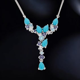 Alluring "Y" Necklace with Turquoise, Iolite, Swiss Blue Topaz, & White Topaz crafted in Sterling