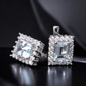 Regal Design Sky Blue Topaz & White Zircon Sterling Silver Earrings