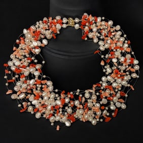 14K Pearl & Coral Illusion Necklace