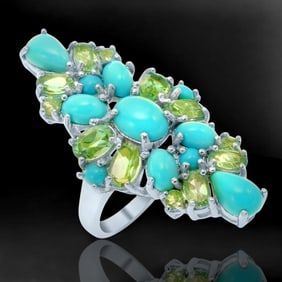 Stunning Statement Ring with Turquoise & Peridot and crafted in Sterling Silver - Size 5