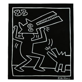 Keith Haring Mixed Media Watercolor Painting "Dancing Figure with Dog Mask and Barking Dog"