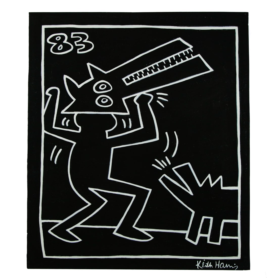 Keith Haring Mixed Media Watercolor Painting "Dancing Figure with Dog Mask and Barking Dog" (1 of 16)