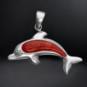 Stunning Dolphin Pendant wtih Red Coral set in Sterling Silver