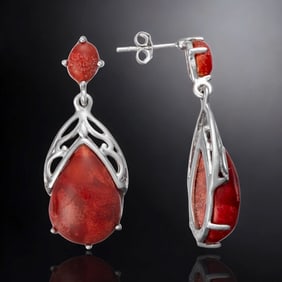 Coral Teardrop shapped Sterling Silver Earrings