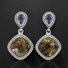 Bronze Abalone and Amethyst Sterling Silver Drop Earrings