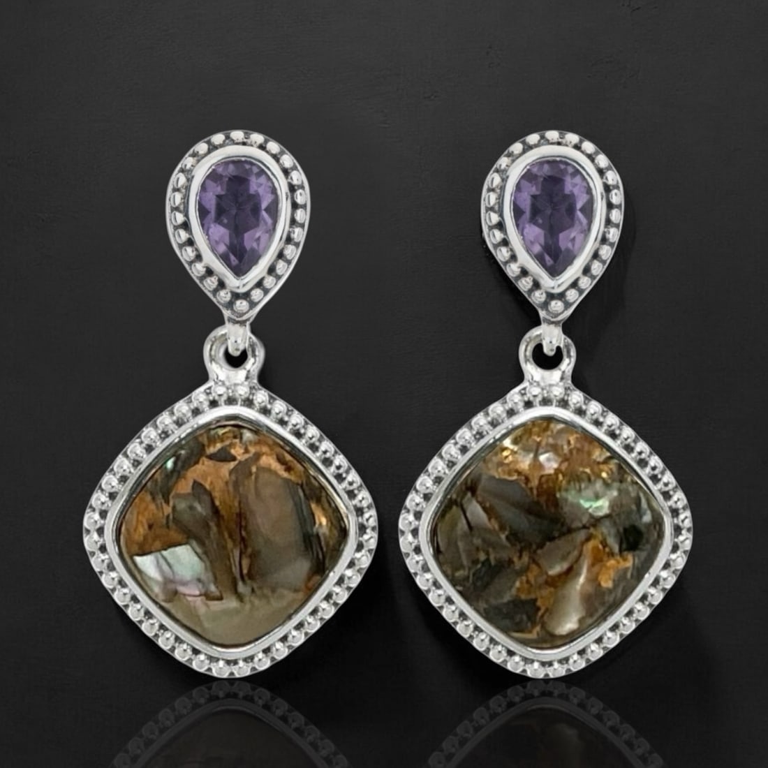 Bronze Abalone and Amethyst Sterling Silver Drop Earrings (1 of 1)