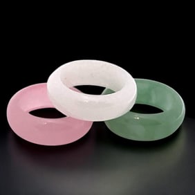 Set of 3 Captivating Green & Pink Jade Rings - Size 5
