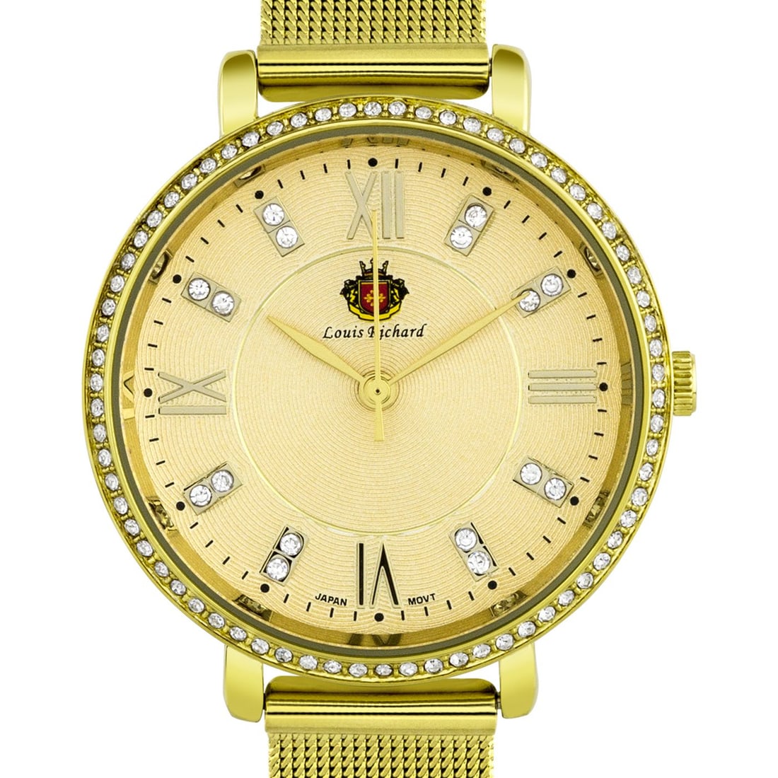 Louis Richard Luxury Mesh Band Modern Ladies Watch: A multi.layered textured dial, all stainless steel case and a beautifully designed bezel w/ crystals made from Swarovski elements make the Louis Richard a very modern design ideal for pairing with the