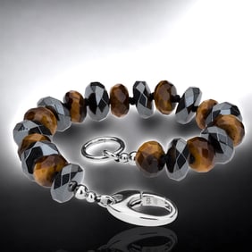 Exquisite Tiger Eye and Hematite Sterling Silver Bracelet - 7.5"