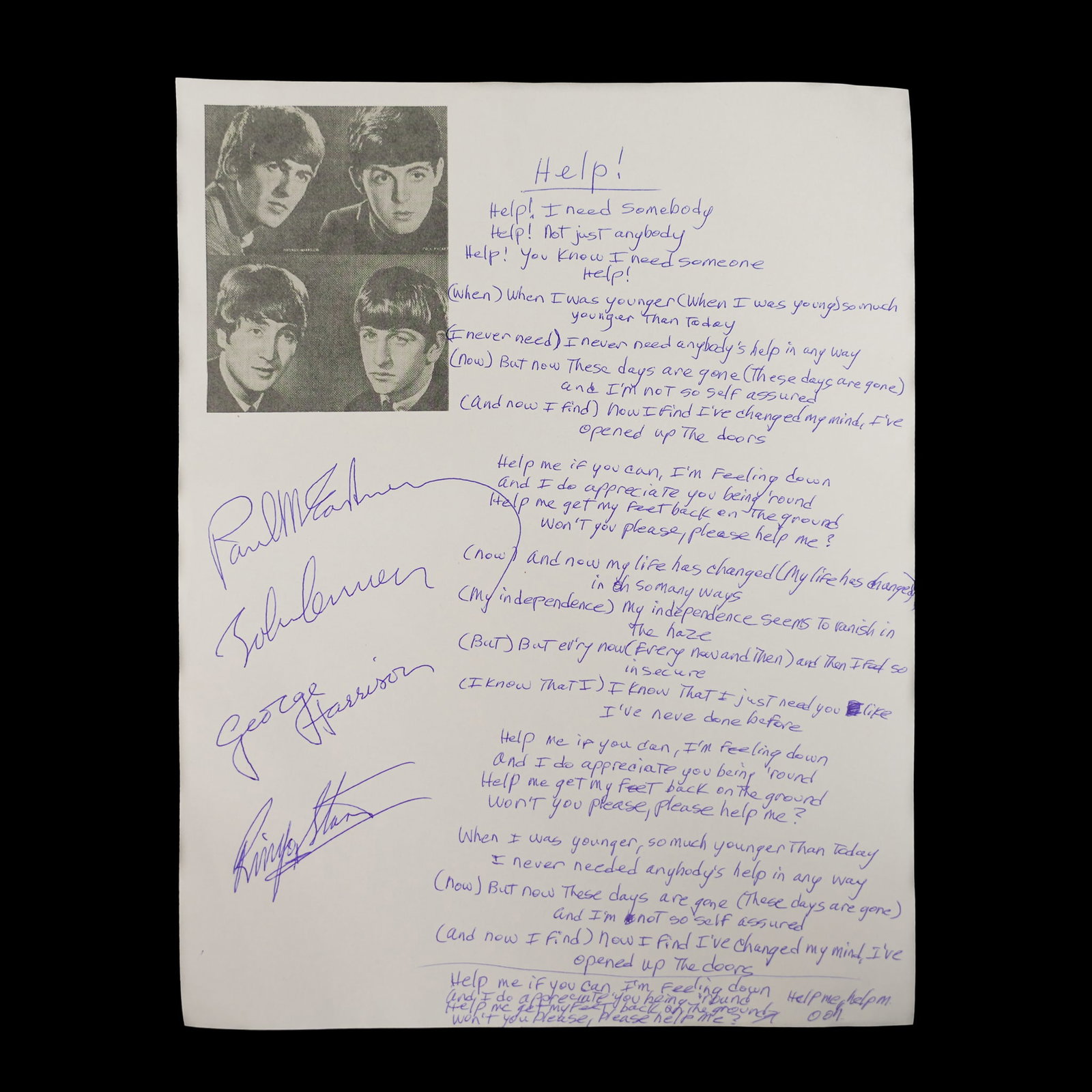 The Beatles Signed Handwritten "Help!" Lyrics (1 of 5)