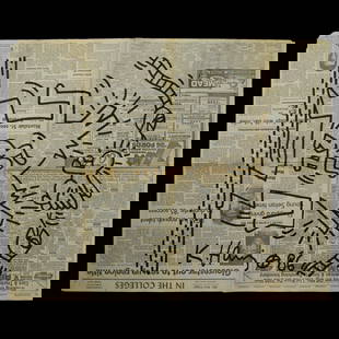 Keith Haring Newspaper Art - Full Page, The Star Ledger, March 12, 1986: Title: Keith Haring Newspaper Art - Full Page, The Star Ledger, March 12, 1986 Item Details: Dimensions: Artwork: ~20 x 20 inches; Newspaper: 27.5 x 22 inches Media: Newspaper Print with Permanent Ink