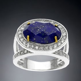 Oval checkerboard Lapis Sterling Silver Ring with 14K gold accents and dazzling White Topaz accents