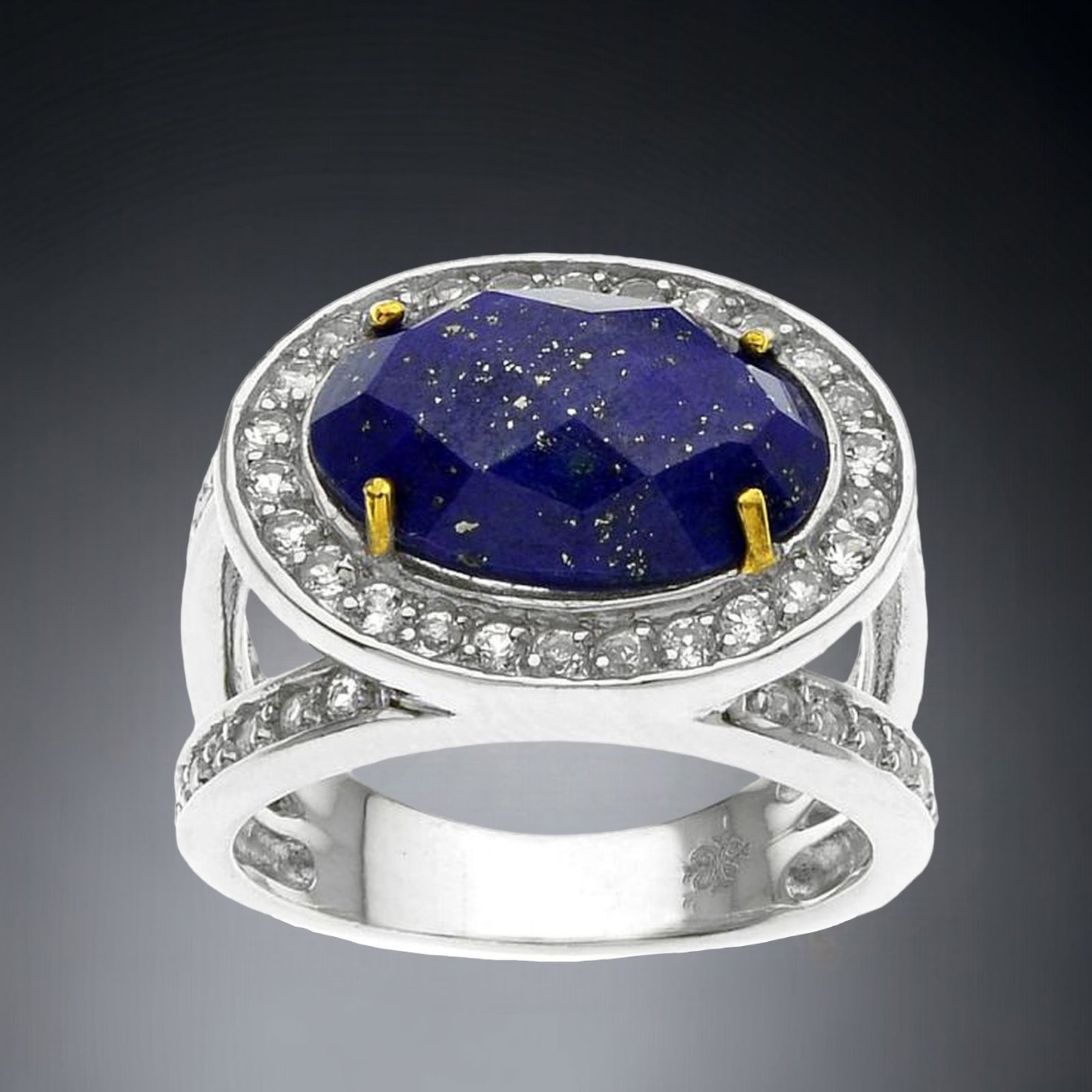 Oval checkerboard Lapis Sterling Silver Ring with 14K gold accents and dazzling White Topaz accents (1 of 1)