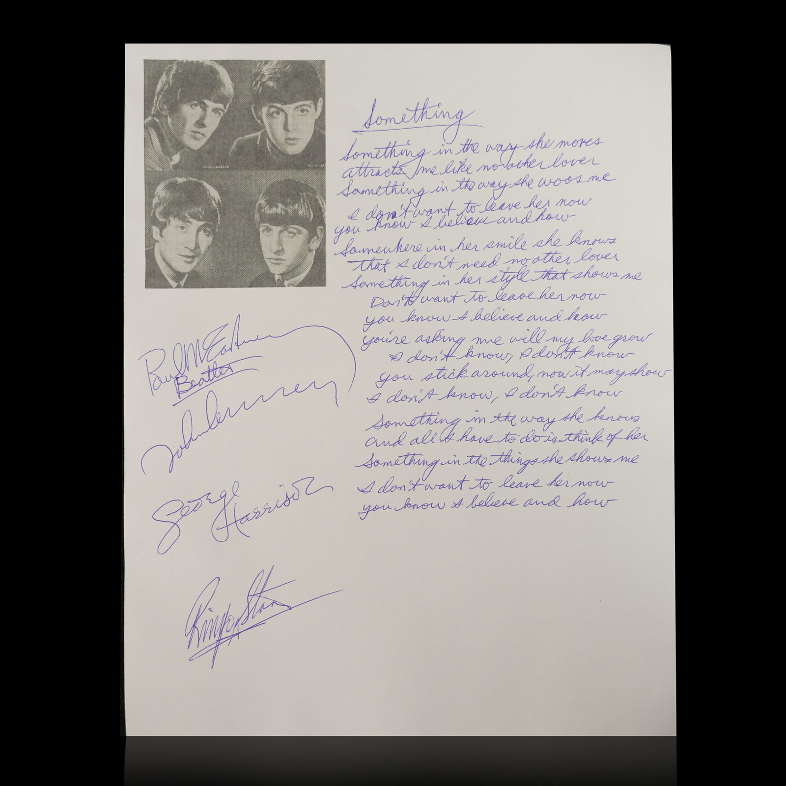 Historic Beatles Collectible: Beatles Signed "Something" Handwritten Lyrics (1 of 6)