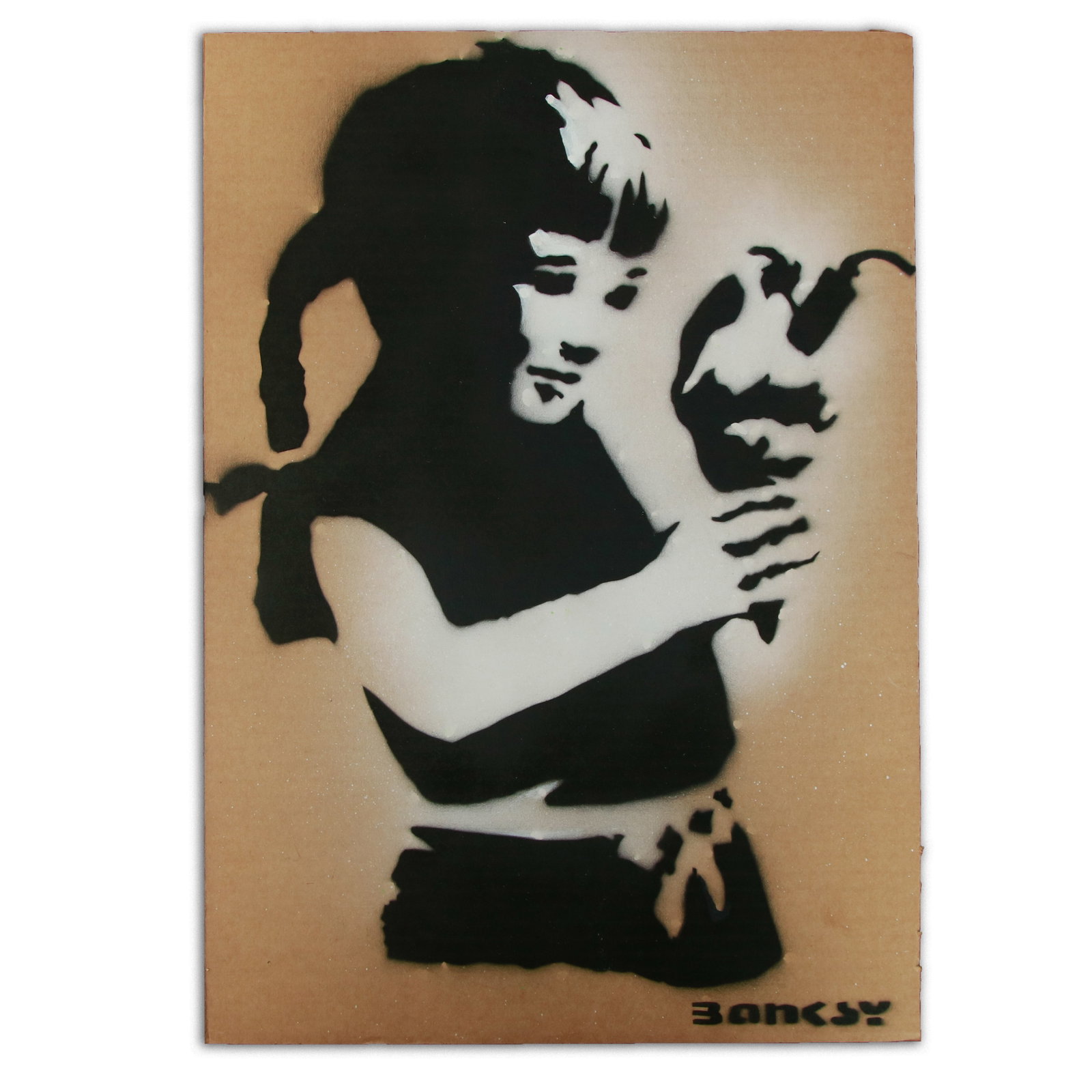 Banksy Cardboard Art - "Dangerous Delight": Title: Banksy Cardboard Art - "Dangerous Delight" Overview: We are pleased to offer an extraordinary piece of artwork attributed to the legendary street artist Banksy. This piece, titled "Dangerous De
