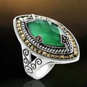 Faceted Green Agate Sterling Silver Ring with Marcasite Accents to provide a sophisticated style -