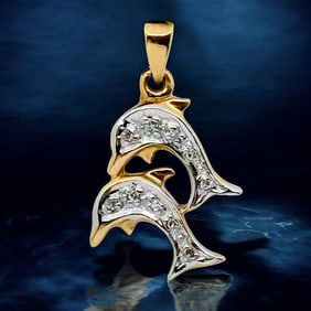 14K Diamonds Dancing Dolphins Pendant