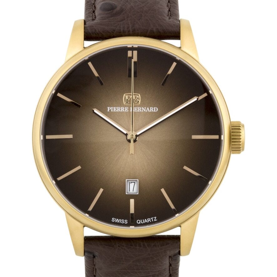 Pierre Bernard Swiss 42mm Case Men's Watch: Discover elegance with this Classic Men's Watch. Swiss Ronda 515 Movement powers its classic design, including a date window. Luminescent hands within a 42mm stainless steel case and sapphire-coated c