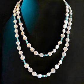 14K Gold Double Strand Coin Pearl Layered Long Necklace