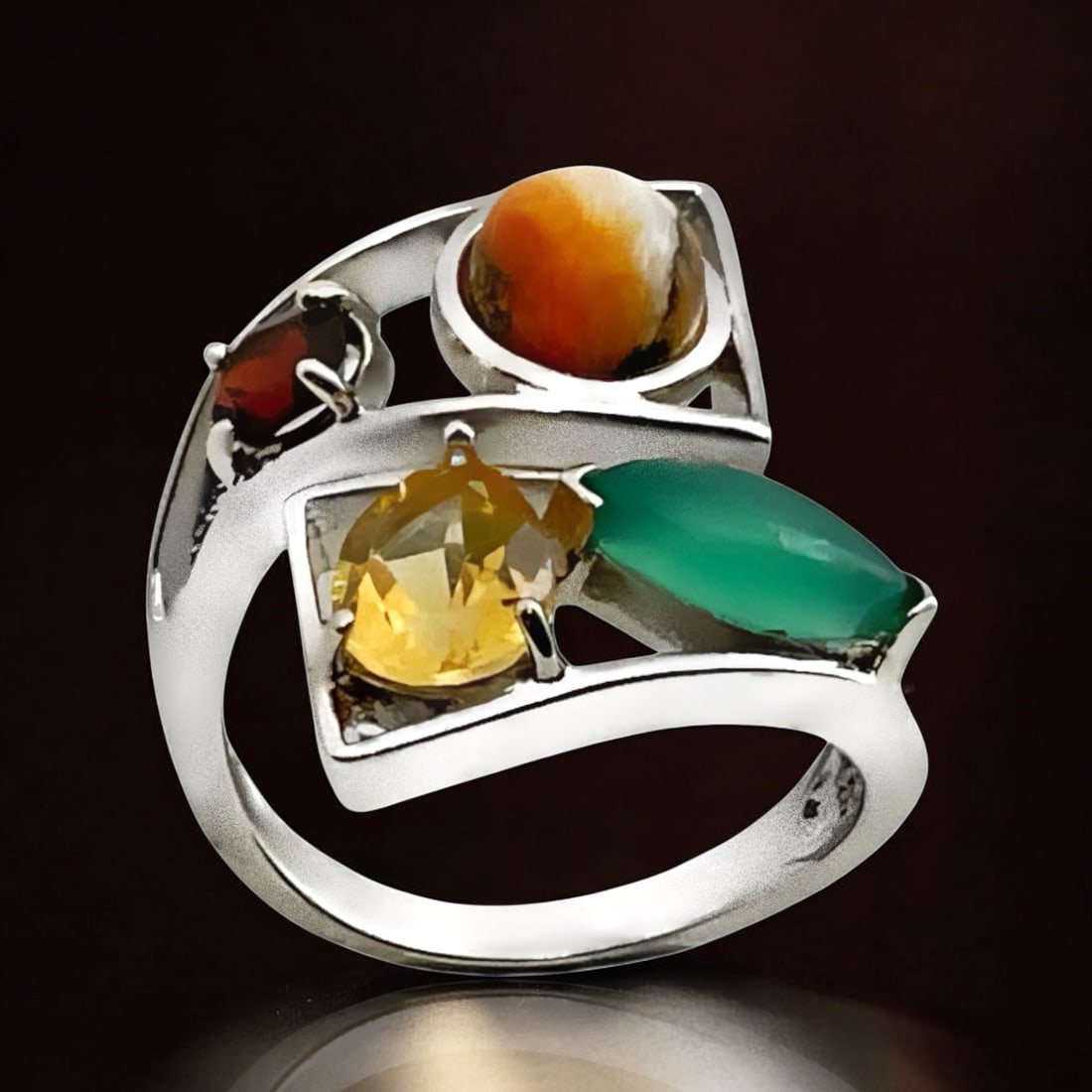An array of stunning Gemstones set in a Sterling Silver Bypass Ring - Size 7 (1 of 1)