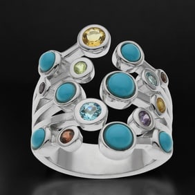 Multi Gemstone & Turquoise Open Cuff Bubble Ring - Size 7